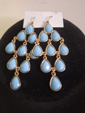 Gold-Frame Blue Teardrop Chandelier Faux Turquoise Earrings 2.5" Length